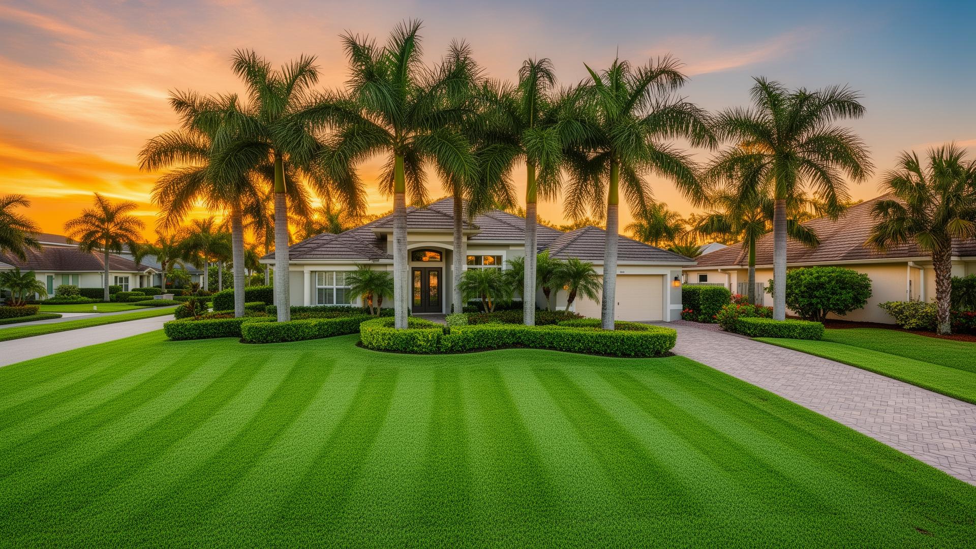 Manicured Florida home with palm trees, lush lawn, and paver driveway at golden hour