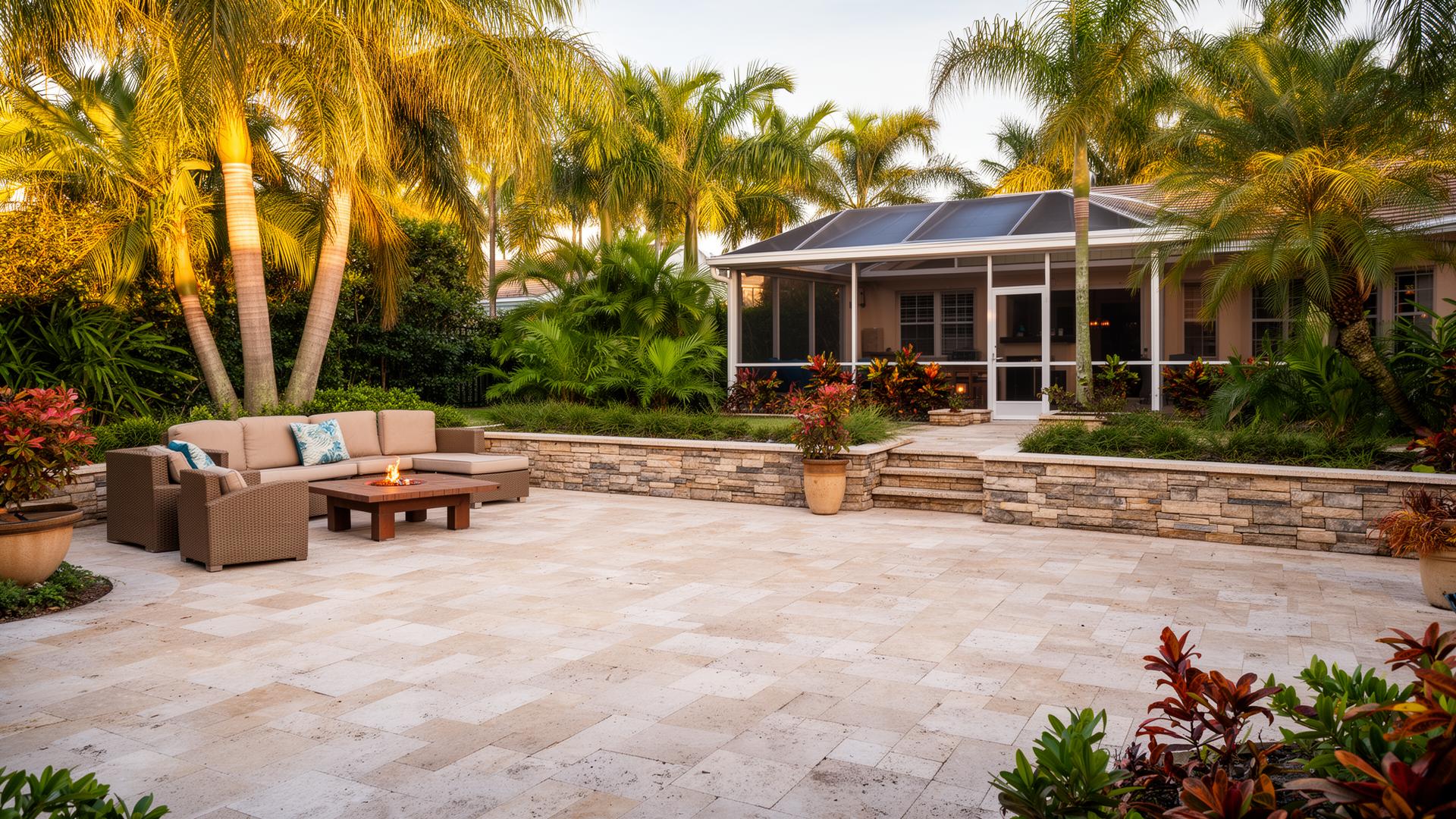 Custom travertine patio with stacked stone retaining wall and tropical landscaping